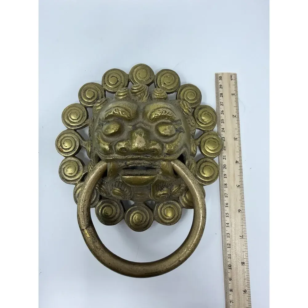 LION Solid BRONZE FOO DOG Gold DOOR KNOCKER Hanger Vintage